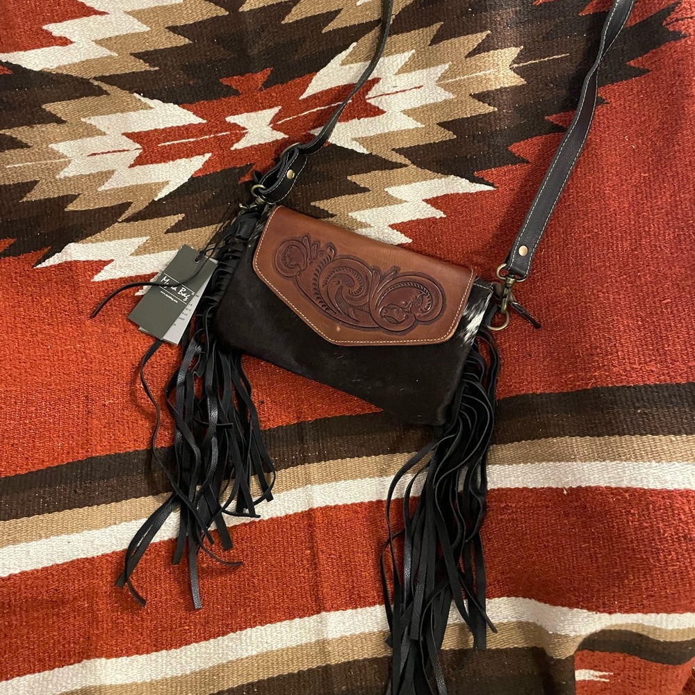 Cowhide and Tooled Leather Crossbody Purse